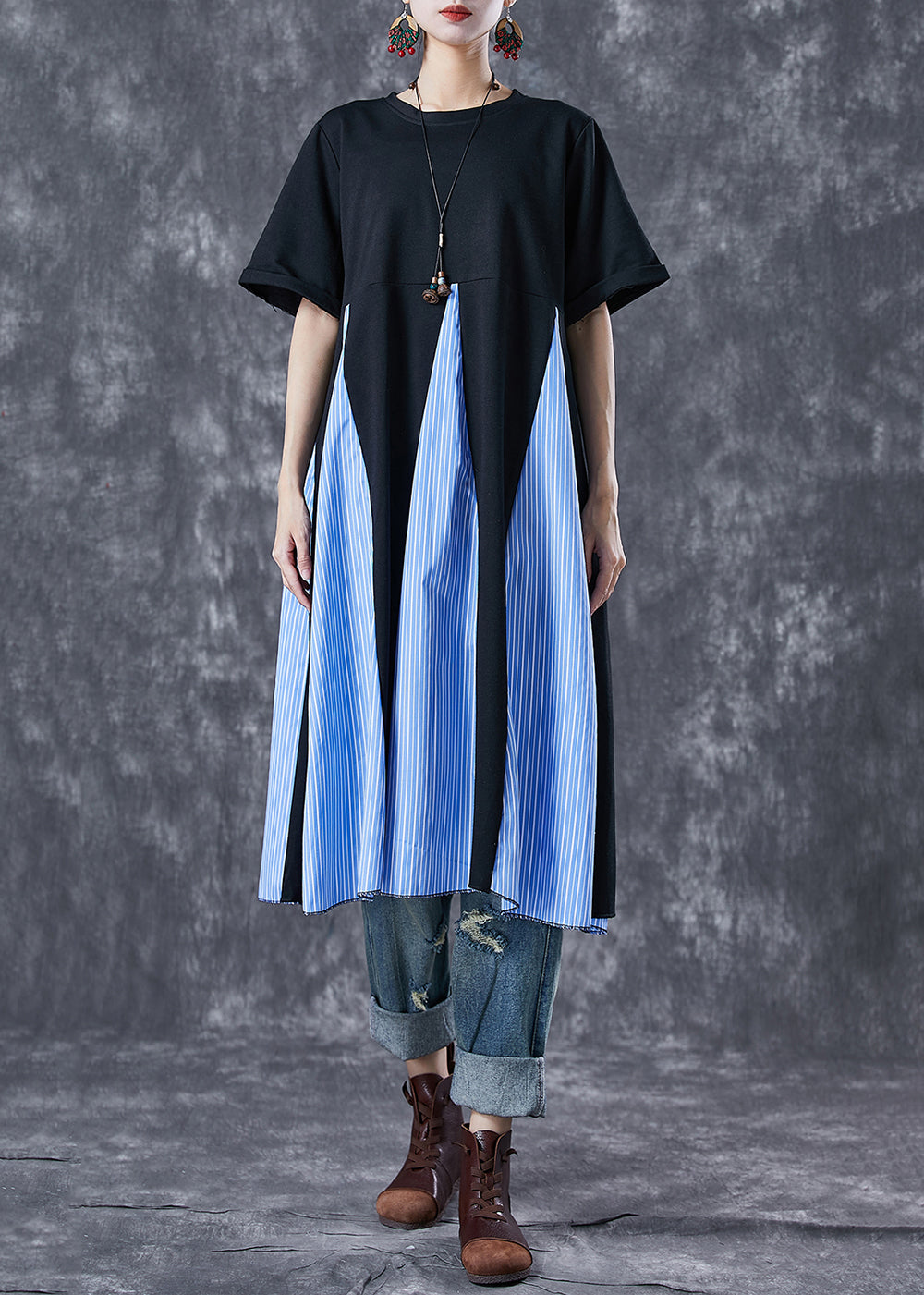 Black Patchwork Exra Large Hem Cotton Maxi Dresses Summer