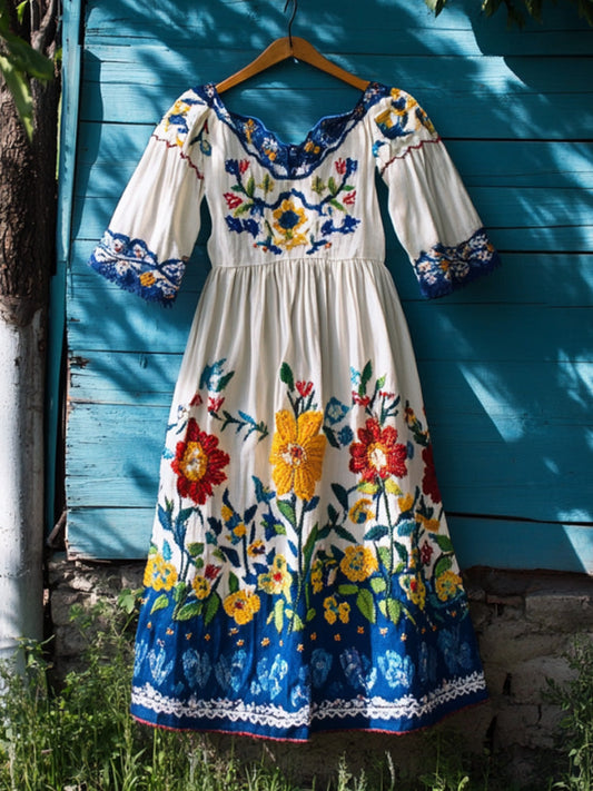 Women's Casual Vintage Petrykivka Embroidered Dress artswardrobe