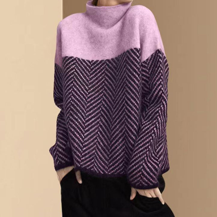 Vintage Turtleneck Contrasting Herringbone Jacquard Sweater elevenforest