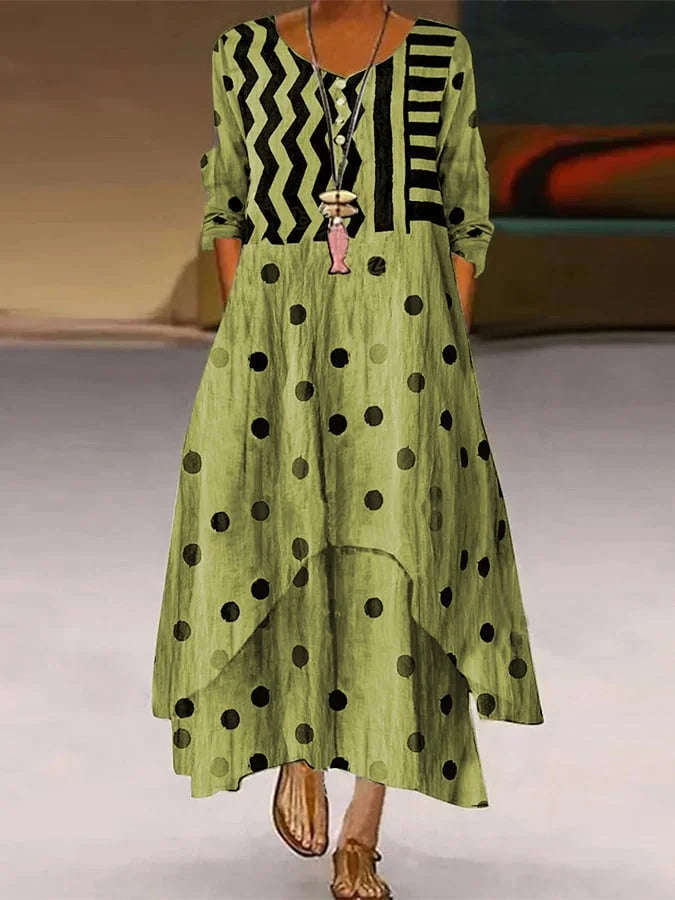 Maxi dress with polka dot and geometric pattern
