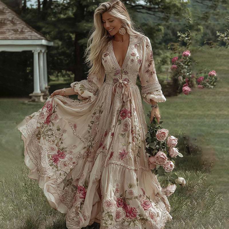 Women's Vintage Rose Floral Embroidery Art Casual V Neck Maxi Dress