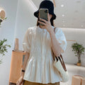 French Pink Stand Collar Wrinkled Cotton Shirt Top Half Sleeve