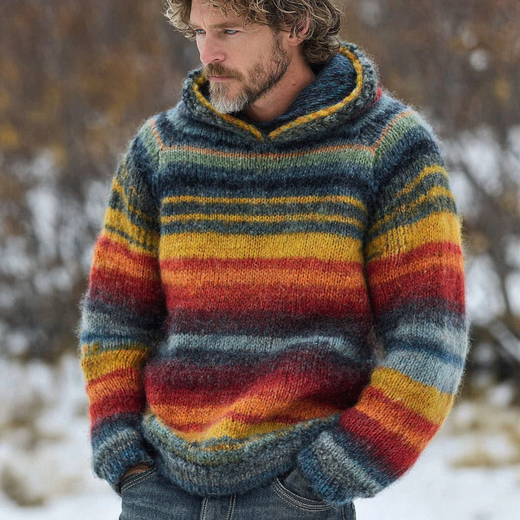 Men's Vintage Rainbow Stripe Knit Jacquard Fairman Island Jacquard Thick Warm Hooded Sweater artswardrobe