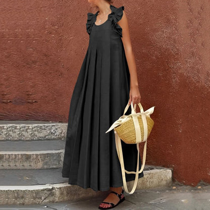 Women's Simple Ruffled Solid Cotton And Linen Sleeveless Loose Long Dress artswardrobe