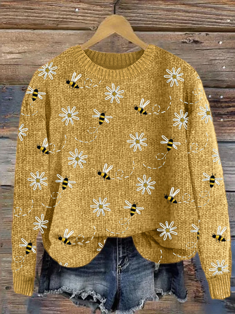 Knit Sweater with Daisy and Bee Embroidery