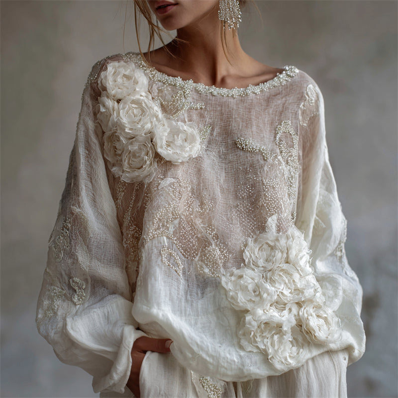 Comstylish Classy White Roses Pearl Beaded Flowy Linen Tunic