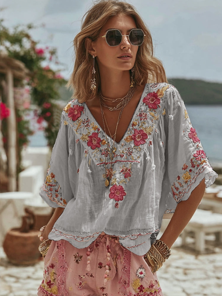 Women's Vintage Floral Art Linen Comfy Shirt artswardrobe