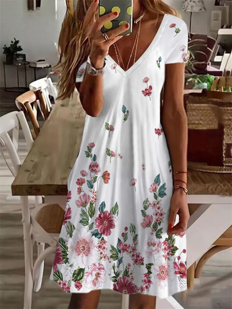 Women's Sundress Midi Dress Short Sleeve Floral Print Summer Casual V Neck Loose Dresses Plus Size 2024 Women's Clothing Vestidos