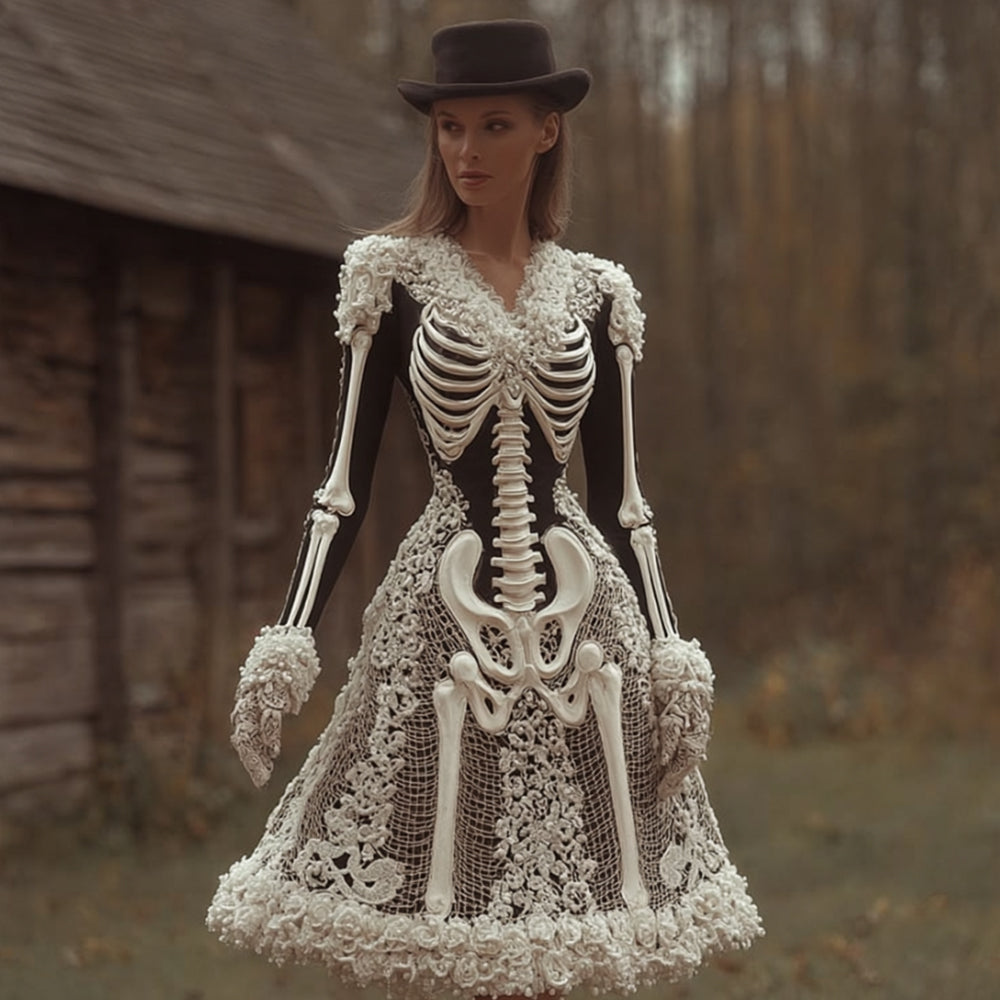 Comstylish Women's Halloween Skeleton And Rose Lace V-neck Dress