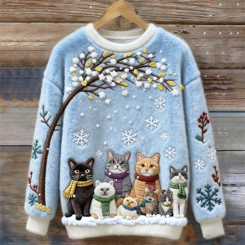 Cotton Sweater with Cats Under Snowy Tree with Scarves