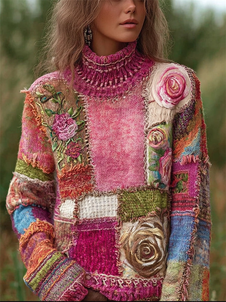 Boho Roses Crochet Floral Colorblock Cozy Knit Turtleneck Sweater artswardrobe