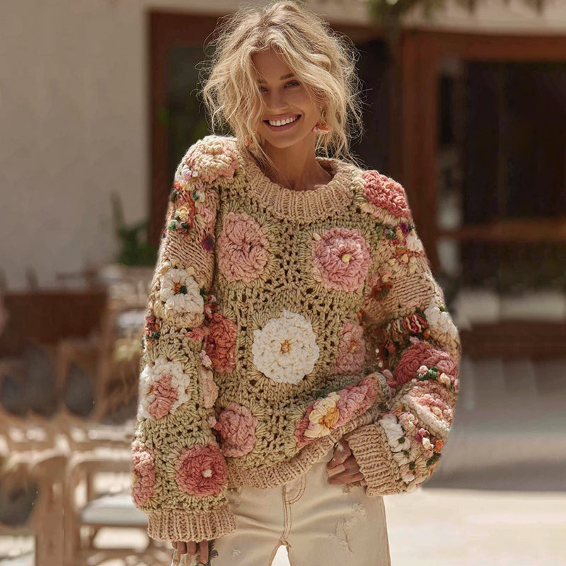 Women's Boho Classic Granny Check Crochet Rose Floral Sweater artswardrobe