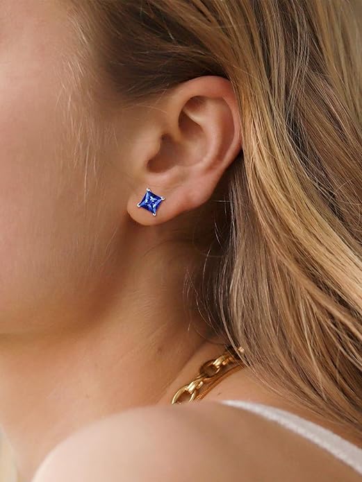 Princess Cut Sapphire Stud Earrings - White Gold