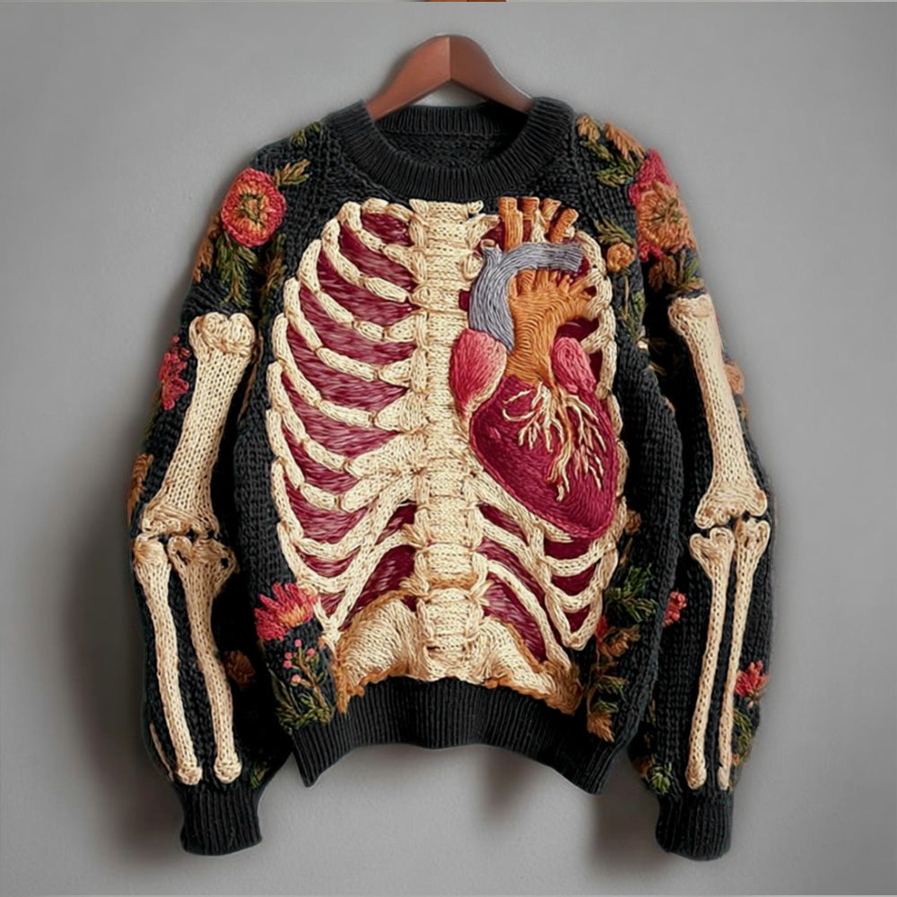 Comstylish Vintage Halloween Human Anatomy Art And Floral Round Neck Sweater