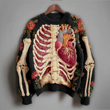 Comstylish Vintage Halloween Human Anatomy Art And Floral Round Neck Sweater