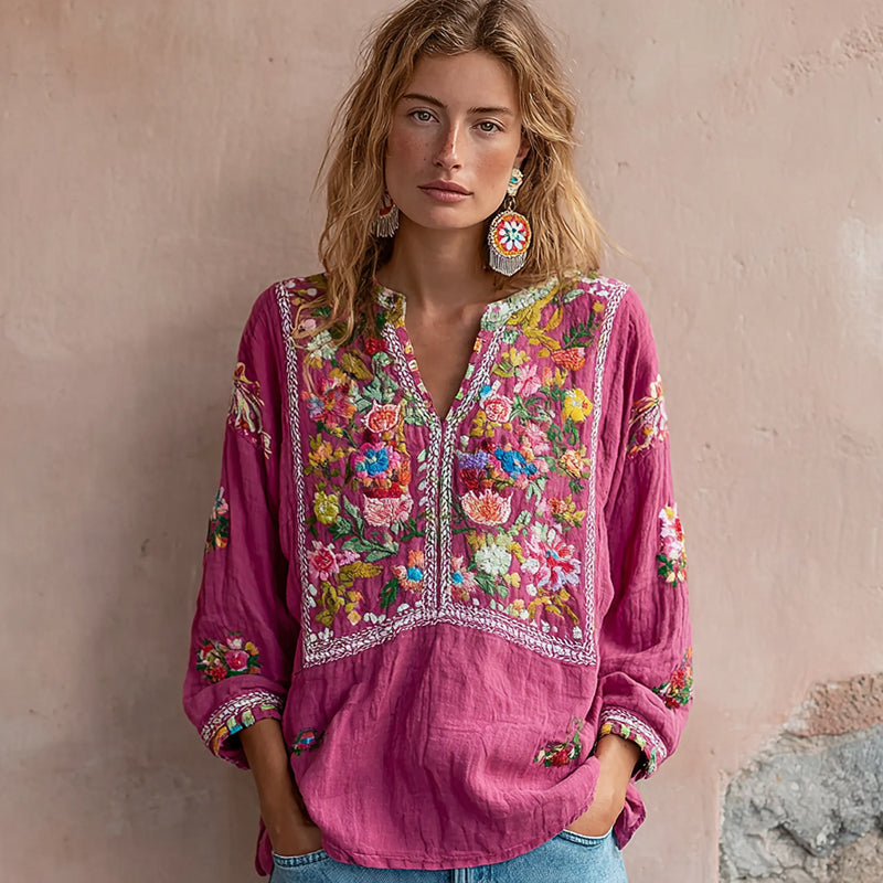 Comstylish Women's Vintage Flower Embroidery V-neck Long Sleeve Linen Blend Blouse