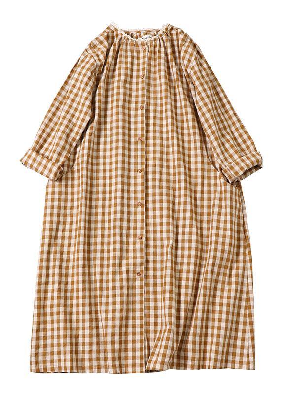 Classy Yellow Plaid Ruffled Wrinkled Pockets Fall Patchwork Vacation Dresses Long Sleeve
