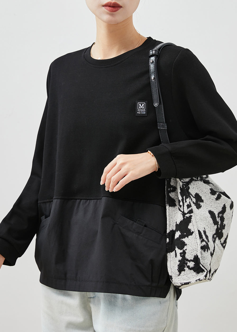 Black Patchwork Cotton Sweatshirt Oversized Spring