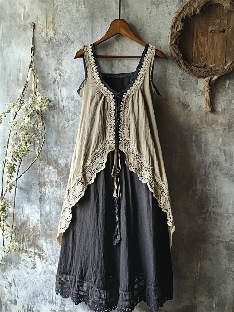 Vintage Lace Hem Layered Linen Tank Dress artswardrobe