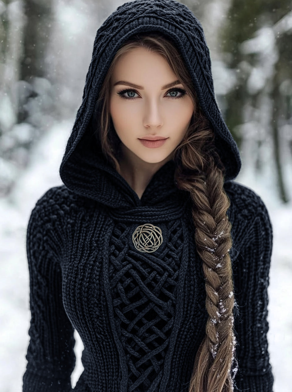 Women's Viking Style Knitted Cozy Hooded Sweater elevenforest