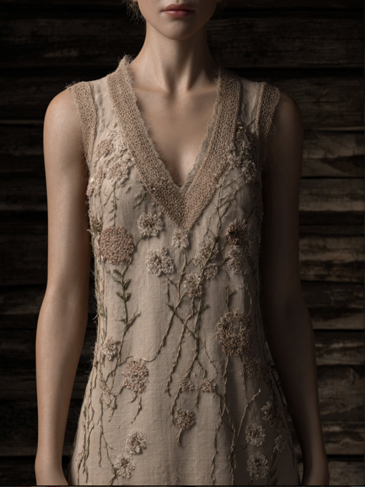 Bohemian-style Monochrome Floral V-neck Sleeveless Vintage Long Dress artswardrobe