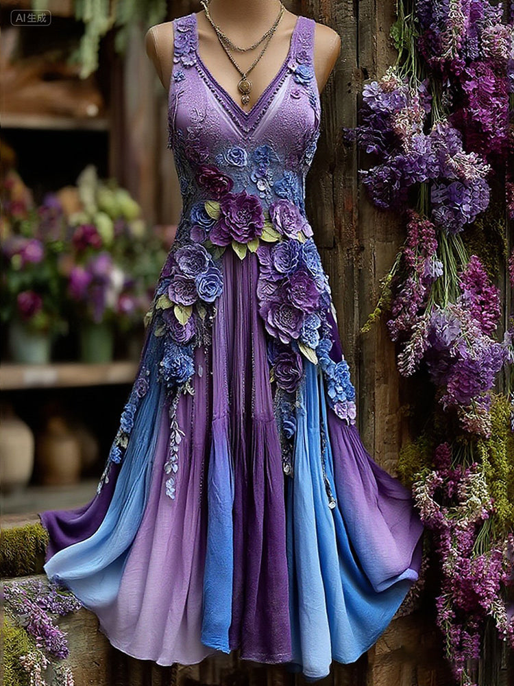 Vintage Classy Gradient Purple Lavender And Floral Embroidered Pattern Linen V Neck Maxi Dress artswardrobe
