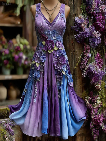 Vintage Classy Gradient Purple Lavender And Floral Embroidered Pattern Linen V Neck Maxi Dress artswardrobe