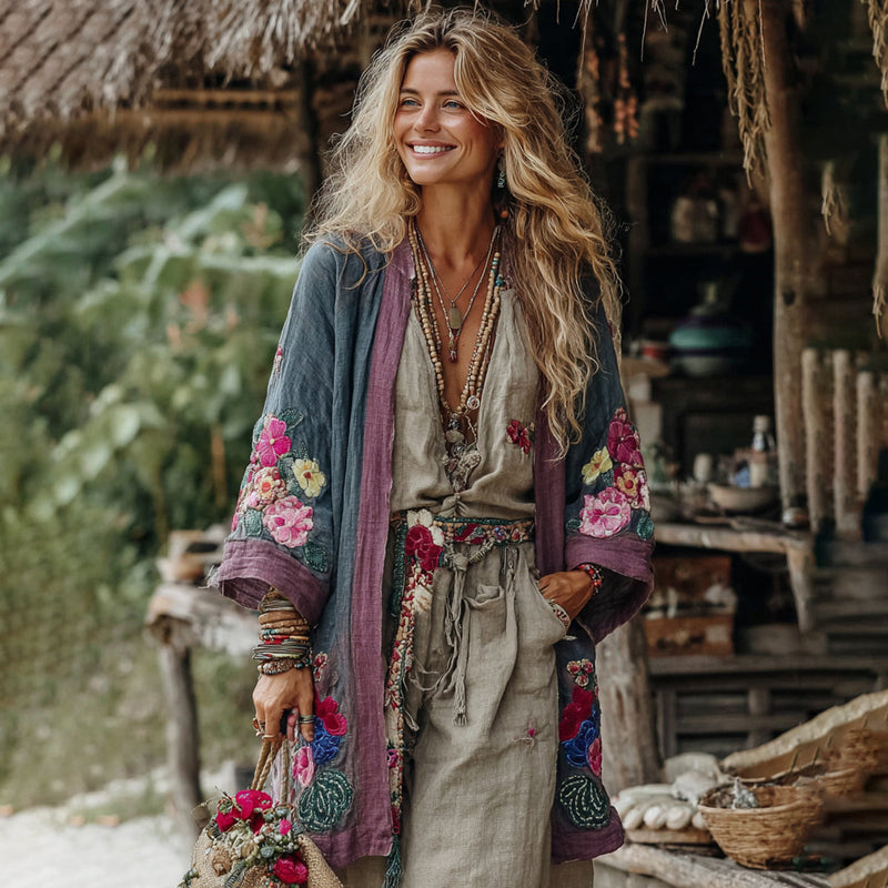 Linen Kimono Cardigan with Multi-Flower Embroidery