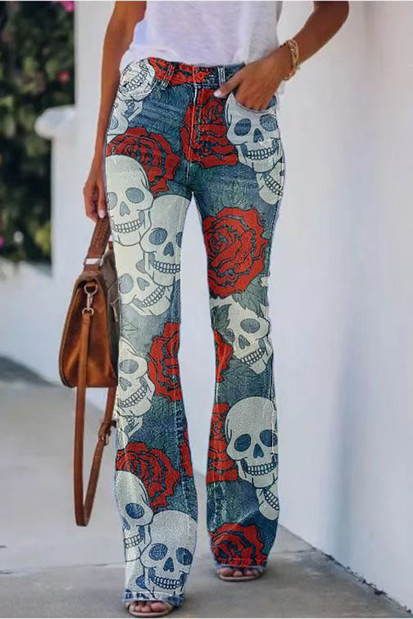 High-waisted flared trousers in faux print