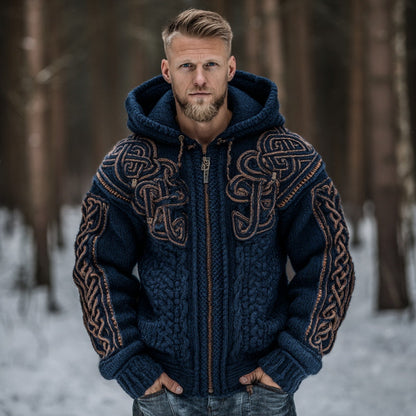 Men's Vintage Viking Celtic Knot Art Chunky Knit Hooded Zip-up Sweater elevenforest