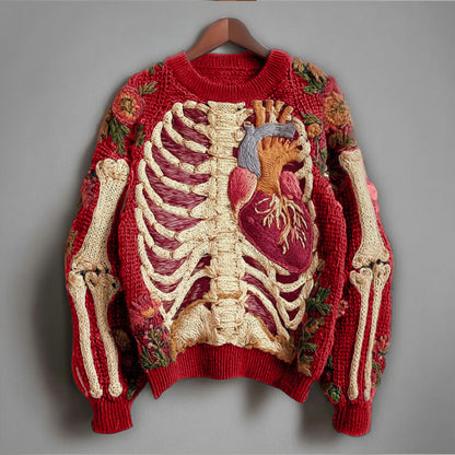 Comstylish Vintage Halloween Human Anatomy Art And Floral Round Neck Sweater