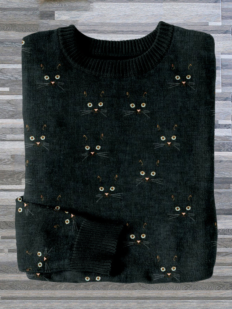 Cute Cat Face Pattern Cozy Sweater elevenforest