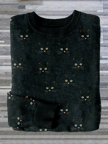 Cute Cat Face Pattern Cozy Sweater elevenforest