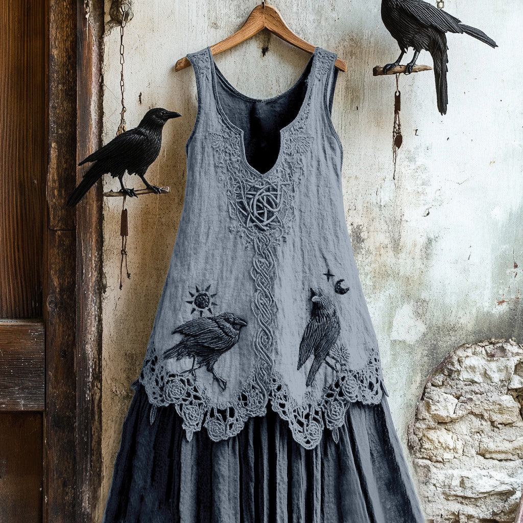 Women's Tribal Raven Embroidery Celtic Lace Art Tank Dress artswardrobe