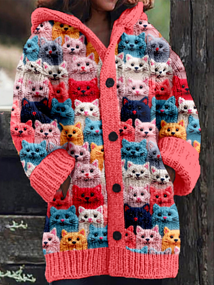 Knitted coat with button placket and playful cat print