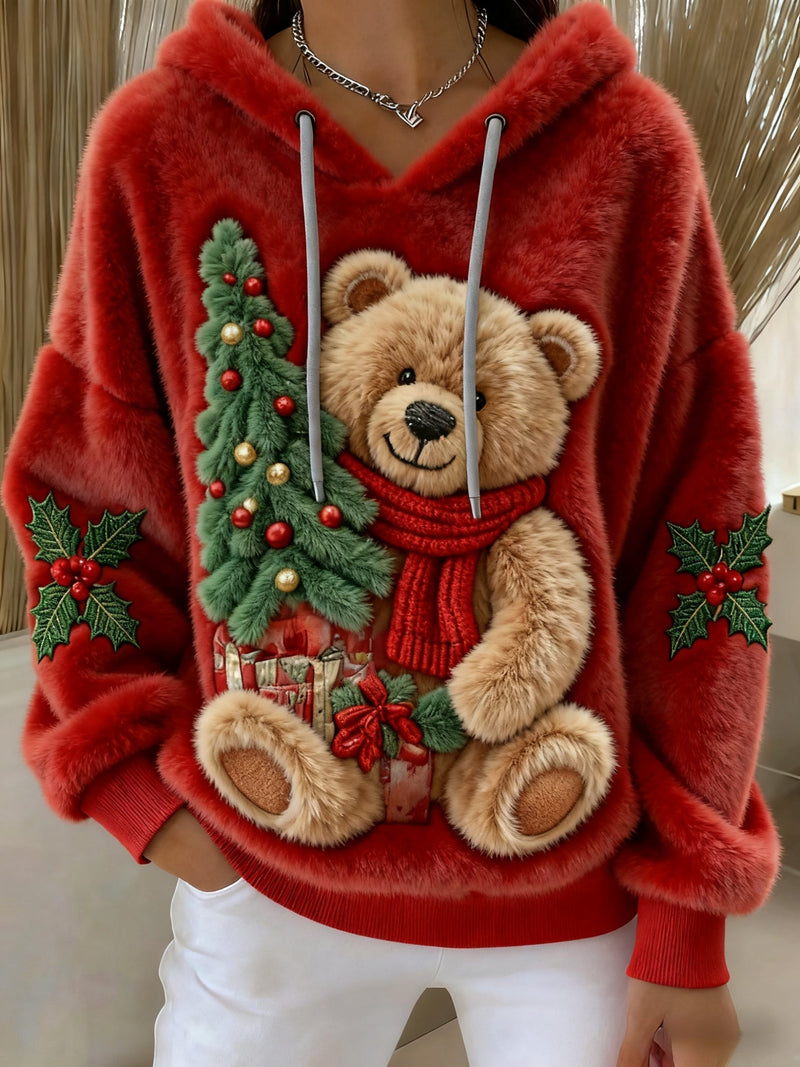 Fleece Hoodie with Teddy Bear and Christmas Tree