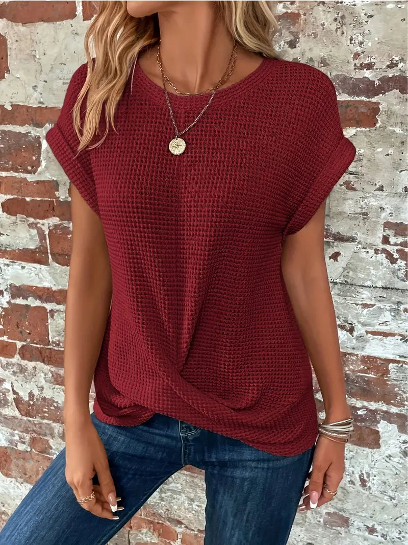 Waffle knit top with rolled sleeves