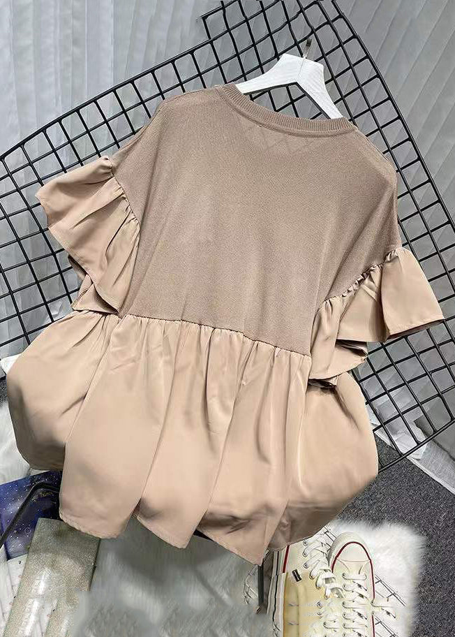 Khaki O Neck Knit Patchwork Chiffon T Shirt Summer
