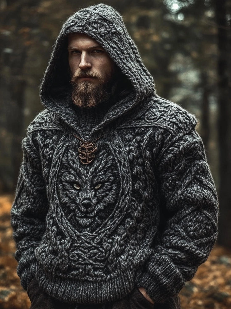 Men's Wolf Inspired Viking Celtic Jacquard Cozy Hooded Sweater elevenforest