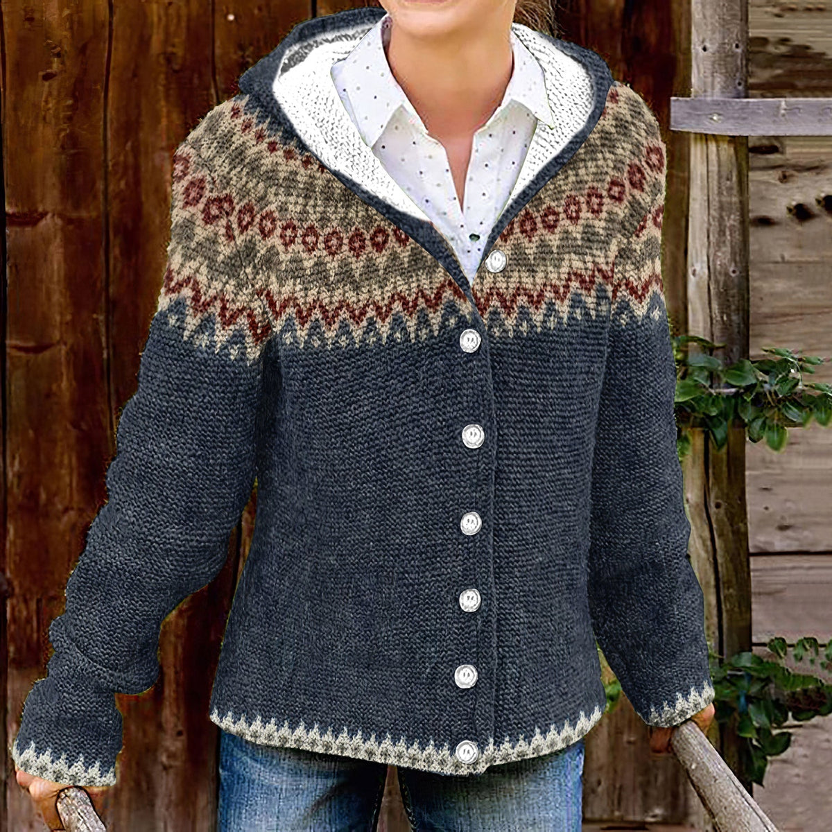 Vintage Contrast Print Hooded Button Knit Cardigan elevenforest