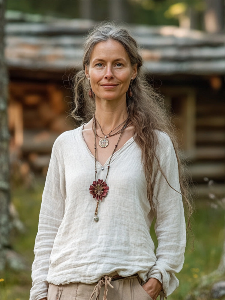 Comstylish Wabi-sabi Style V-neck Cotton And Linen Casual Long-sleeved Shirt