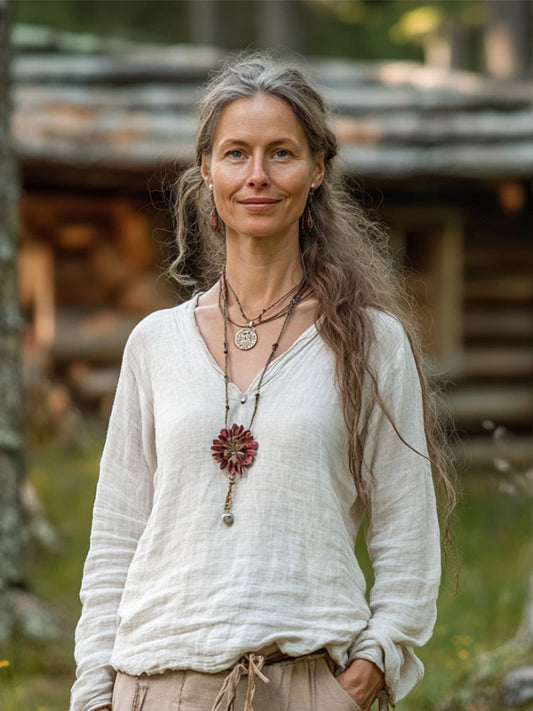 Comstylish Wabi-sabi Style V-neck Cotton And Linen Casual Long-sleeved Shirt