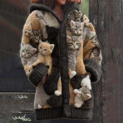 Comstylish Lovely Crowded Cats Felt Art Cozy Hooded Cardigan