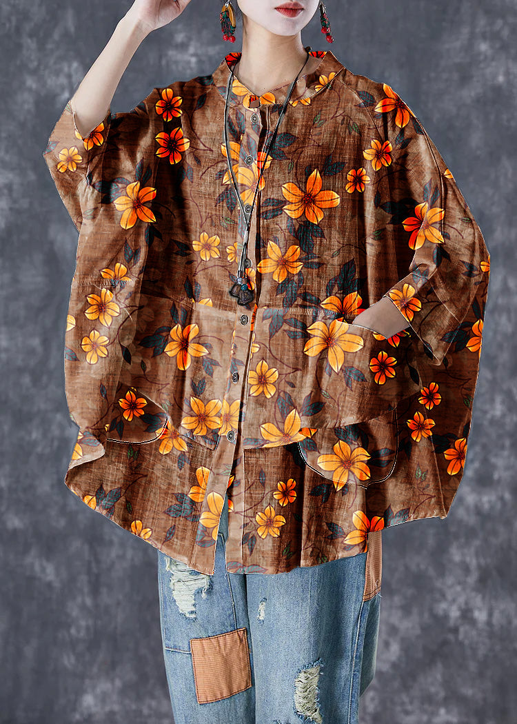 Black Stand Collar Patchwork Linen Shirt Tops Batwing Sleeve