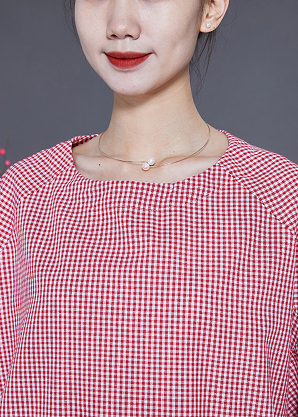 Red Oversized Plaid Low High Design Cotton Two Pieces Set Batwing Sleeve