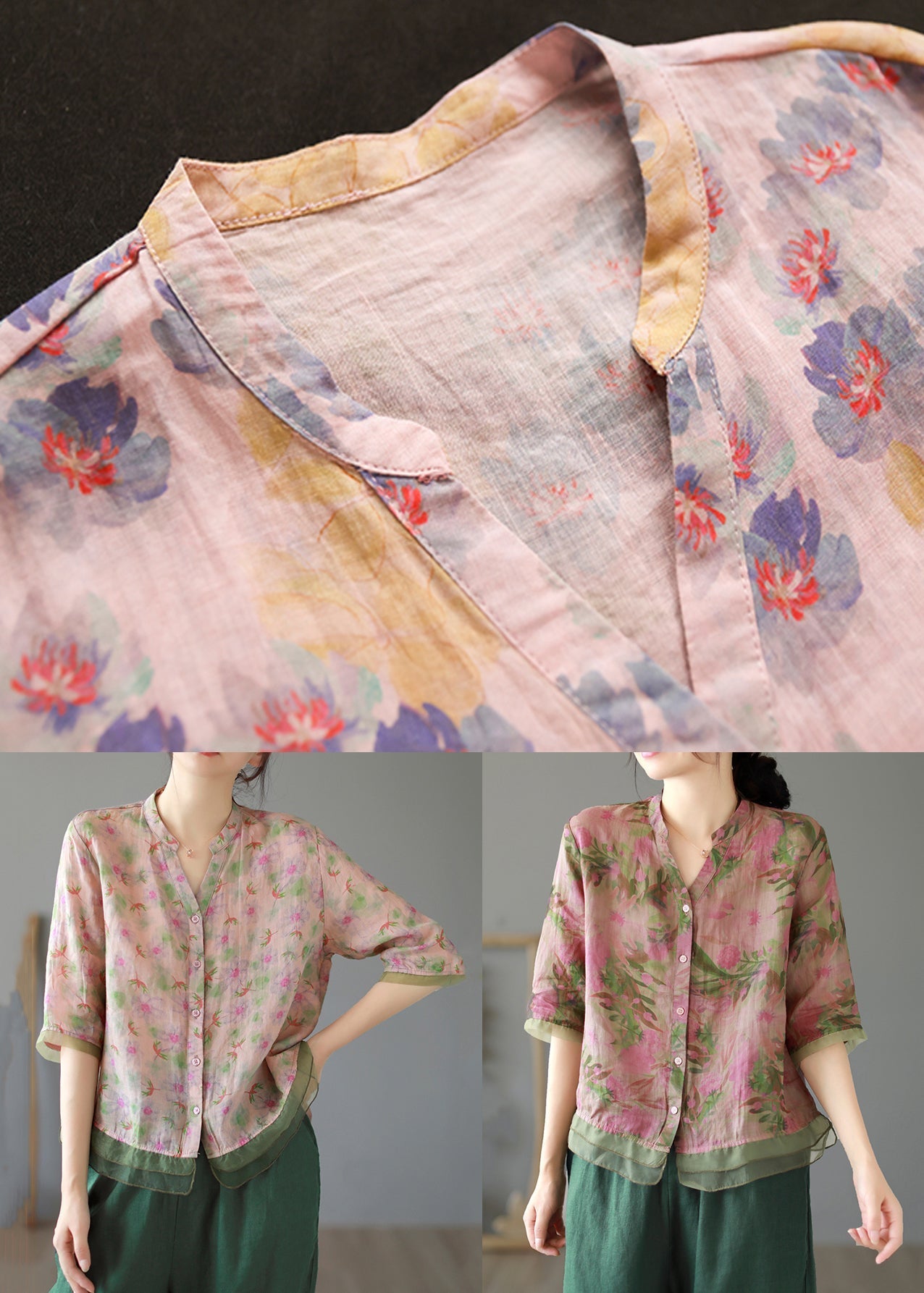 Lotus Root Pink Color Print Button Linen Shirt Summer