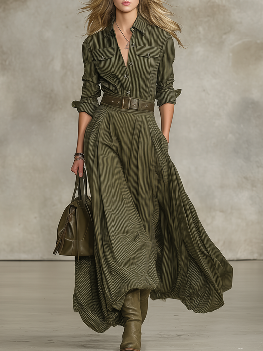 Retro Western Style Striped Long-Sleeved Dress