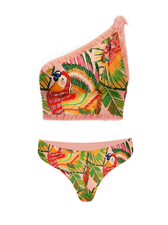 One-shoulder Embroidered Print Bikini and Fringe Skirt