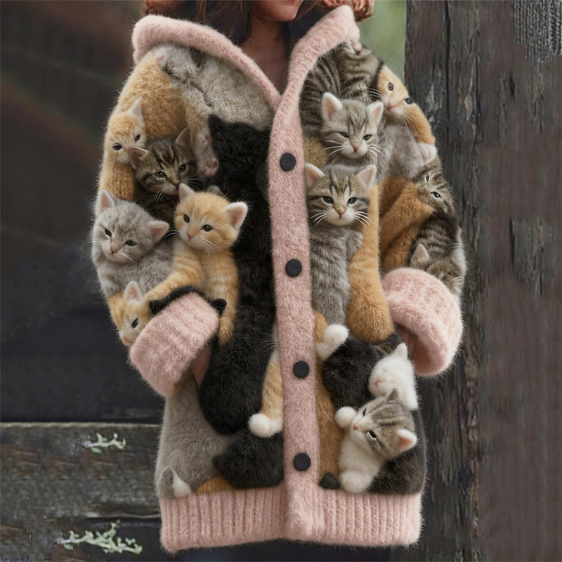 Comstylish Lovely Crowded Cats Felt Art Cozy Hooded Cardigan