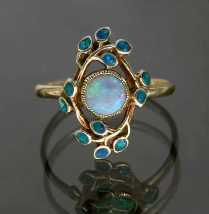 Blue Ring With Vintage Crystals And Opal